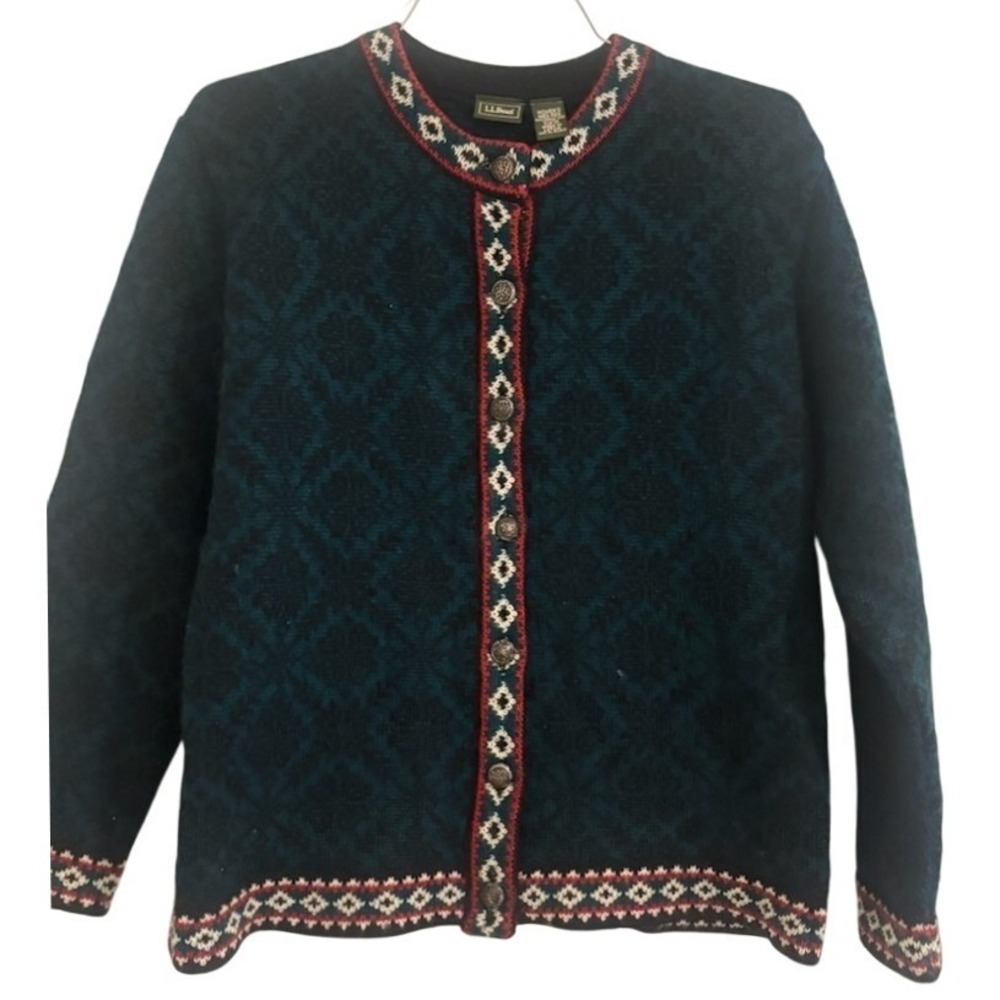 L.L. Bean Cardigan Sweater Womens‎ Size Medium Green 100% Merino Wool Fair Isle